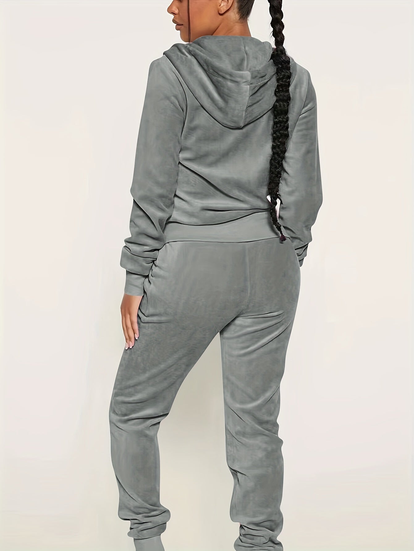 Velvet pants set with hooded outwear and drawstring waist pants for women.