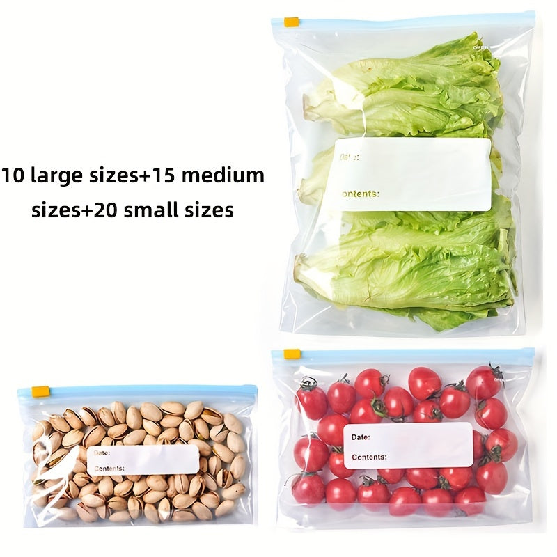 A set of 45 food storage bags featuring ziplock closures, designed for keeping fruits, grains, vegetables, and meat fresh with anti-odor seal technology. Perfect for organizing and storing in the kitchen, these bags are food contact safe.