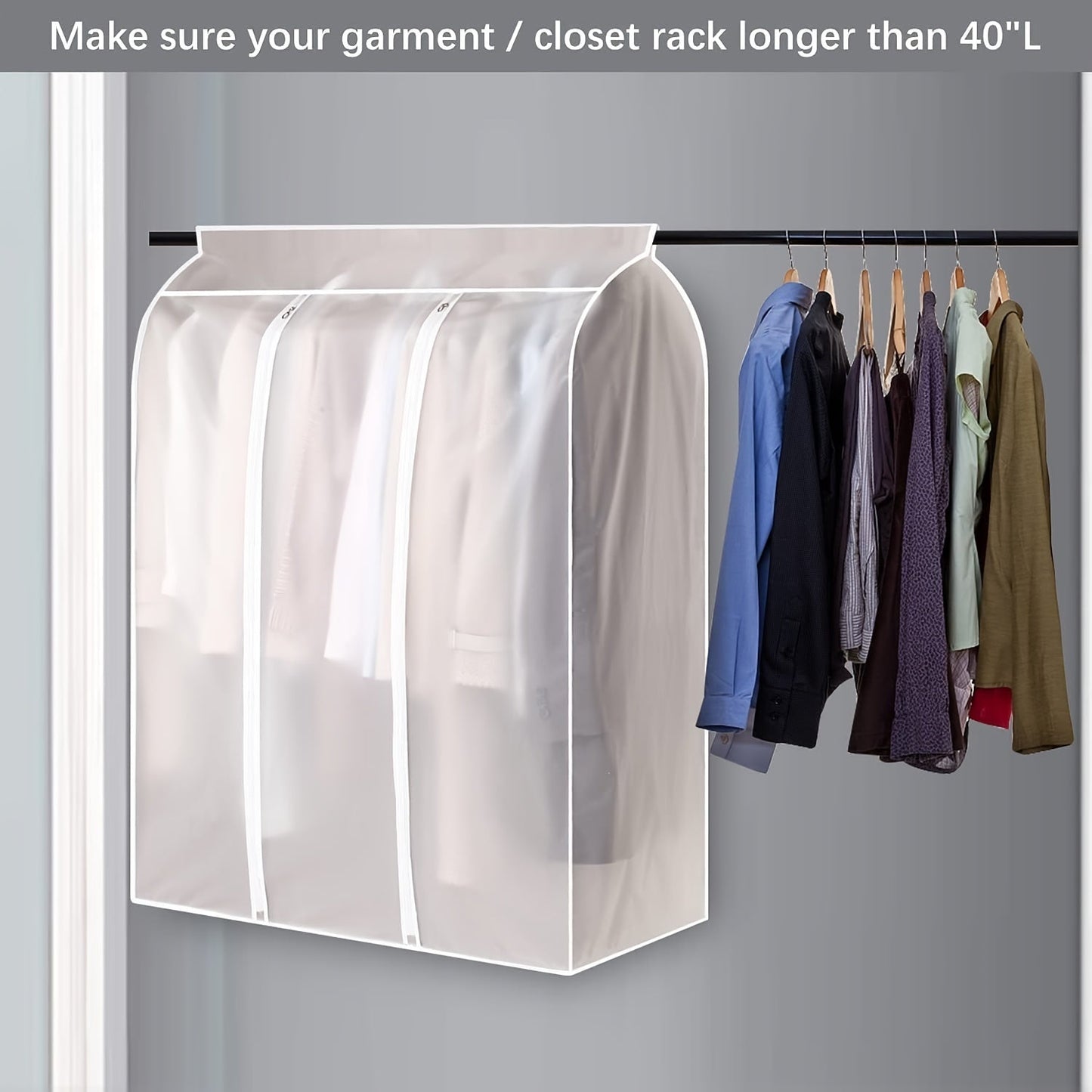 Large capacity translucent garment bag with zipper, designed to protect your suits, jackets, and dresses from dust and water. This space-saving wardrobe organizer features a sealed bottom for efficient clothes storage.