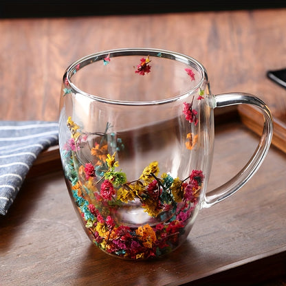 1pc double-layer glass cup with real flowers and flowing sand, perfect for hot drinks, milk, or summer beverages, ideal as a birthday gift.