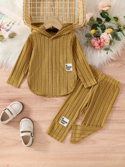 Chic striped hooded pants set for girls 12 and under, perfect for outdoor activities in spring and fall.