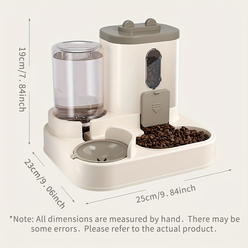 Combined automatic cat feeder and water dispenser for cats, non-electric and neck-friendly option for food and water.