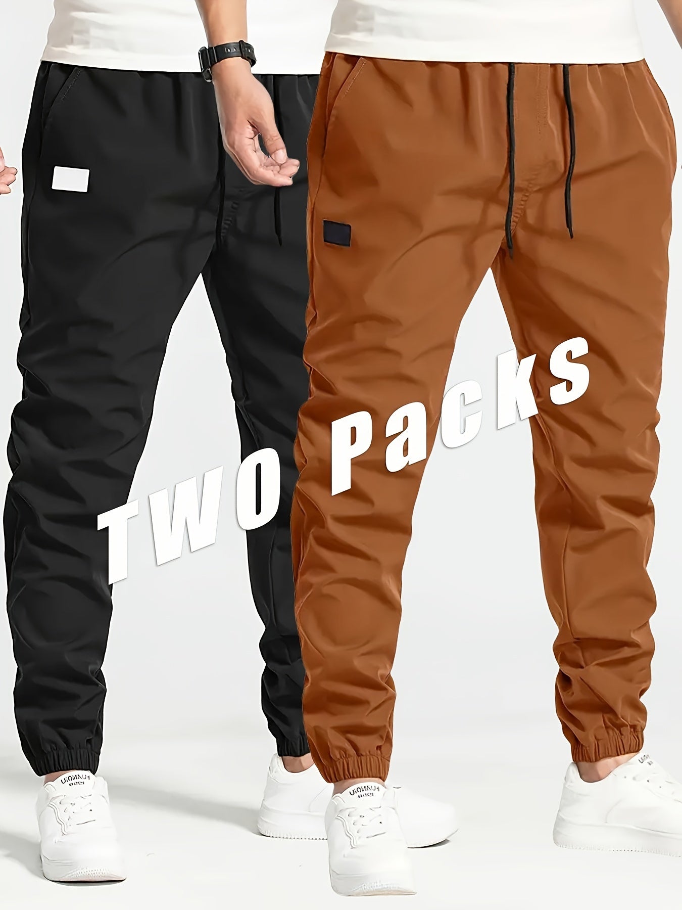 2-Pack Men's Cargo Pants, 100% Polyester, Solid Color, Loose Fit with Drawstring, Regular Length, for Hiking & Outdoor Wear