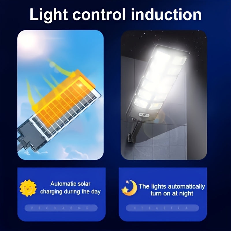 LOVEWE Solar Street Lights Outdoor with Motion Sensor, Remote Control, and Infrared Sensor. Solar powered with non-rechargeable button battery. Ideal for yard, deck, garden, and parking lot