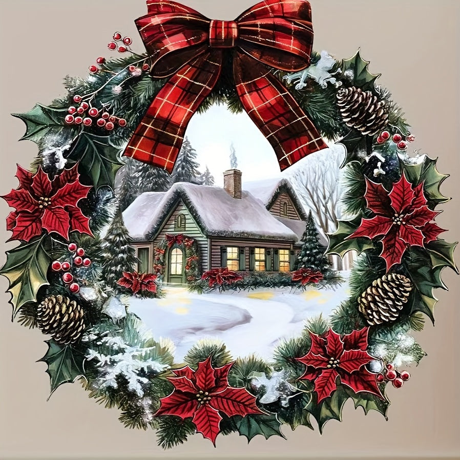 Add festive cheer to your living room with the Christmas Wreath & Snow House Window Cling - a self-adhesive holiday decoration for your glass windows. Bring the magic of Christmas into your home with this charming holiday decor.