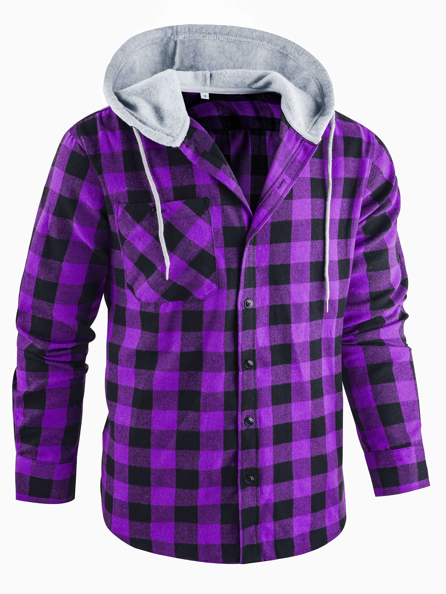 Men's plaid hooded shirt in polyester blend (70% Polyester, 30% Rayon) with non-stretch fabric, loose fit, button details. Great for spring/fall, can be layered under a jacket or worn as a