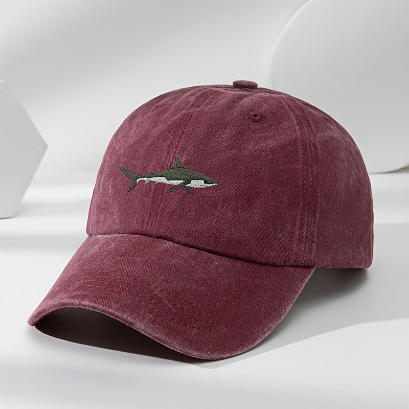 Vintage Shark Embroidery Baseball Cap with adjustable duckbill, made of 100% polyester, hand wash or dry clean only.