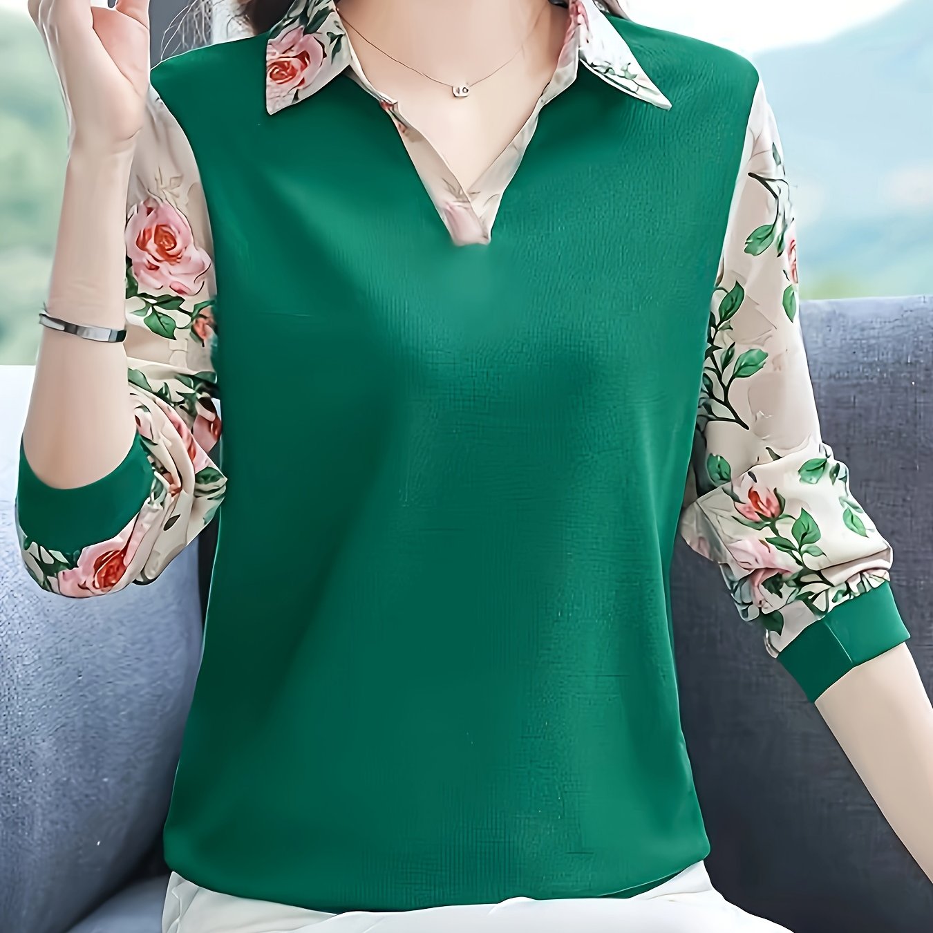 Print Panel Mom Top - Lightweight Polyester, Long Sleeve with Lapel Collar, Machine Washable - Great for Spring/Autumn Vacations