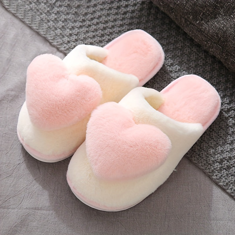 Warm and comfortable winter heart pattern slippers for women with faux fur, thicken plush, and non-slip sole.