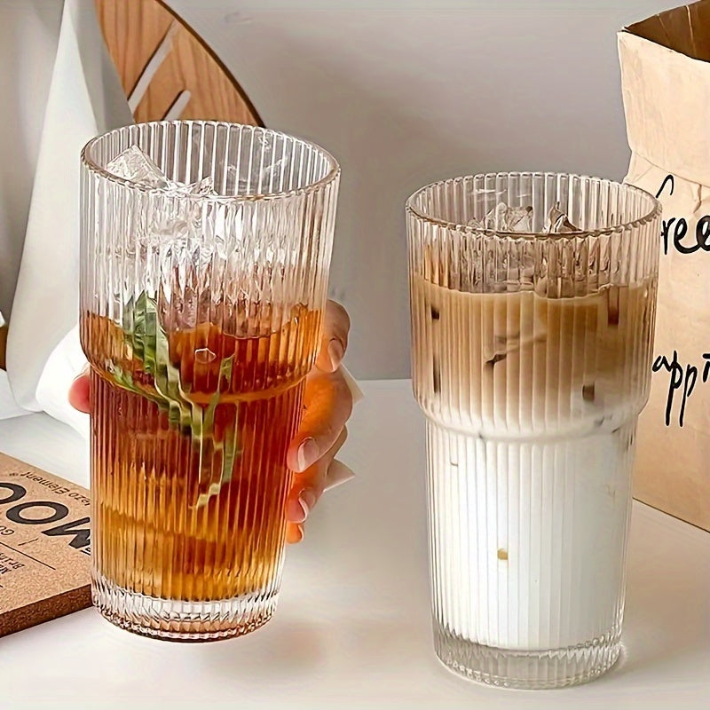 Striped glass tumbler with lid - insulated, hand-wash only - ideal for cold drinks - perfect for home, office, celebrations.