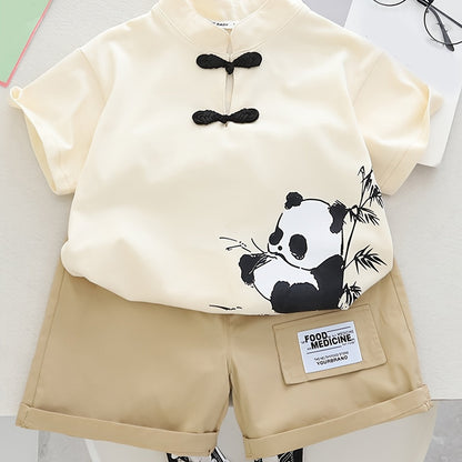 Cute panda cartoon summer outfit for kids - comfy short sleeve top and shorts set, made of breathable polyester blend, ideal for outdoor activities.