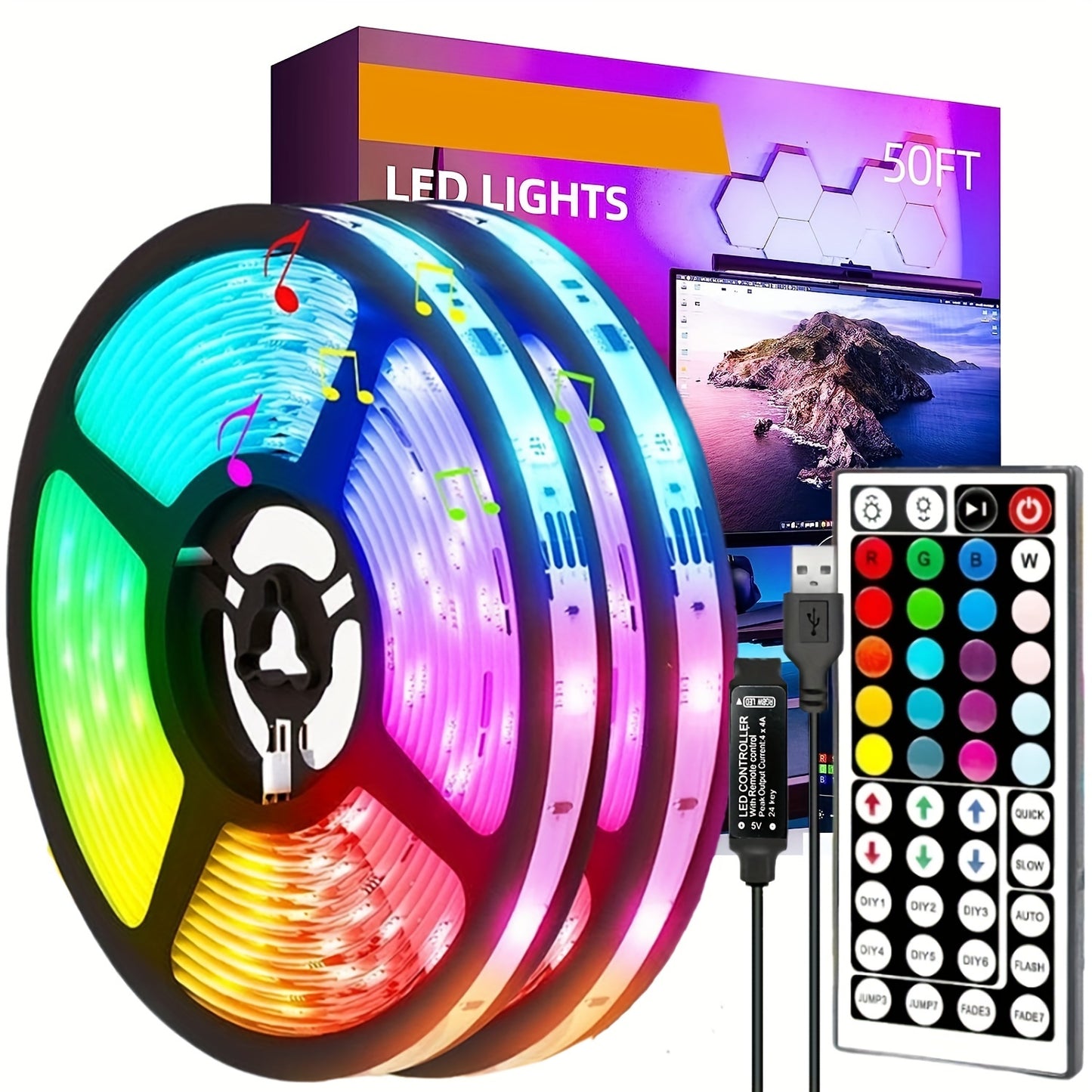 Control LED strip lights wirelessly with an infrared remote to customize RGB lighting and decorate living room atmosphere with flexible ribbon lamp string.