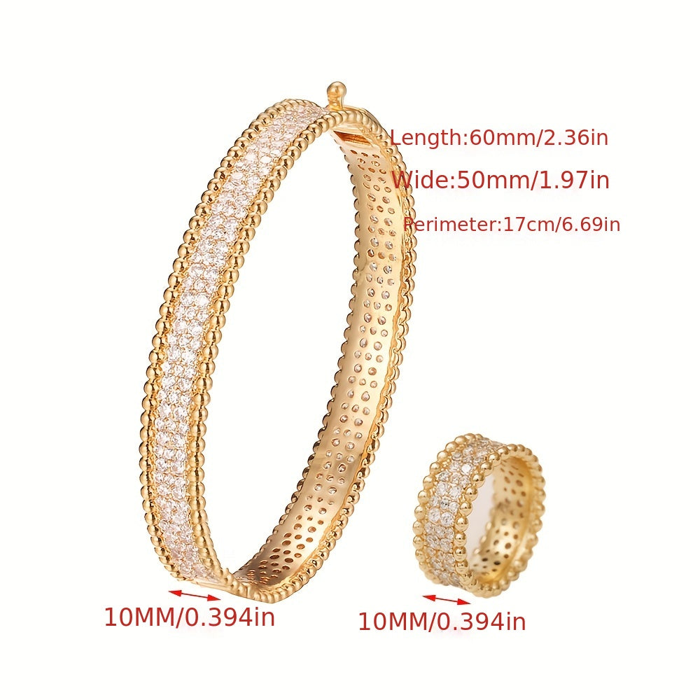 Elegant jewelry set including 1 ring and 1 bangle with inlaid shining zirconia, available in silvery or golden 14k gold plated options. Perfect for matching with daily outfits, make your call now!