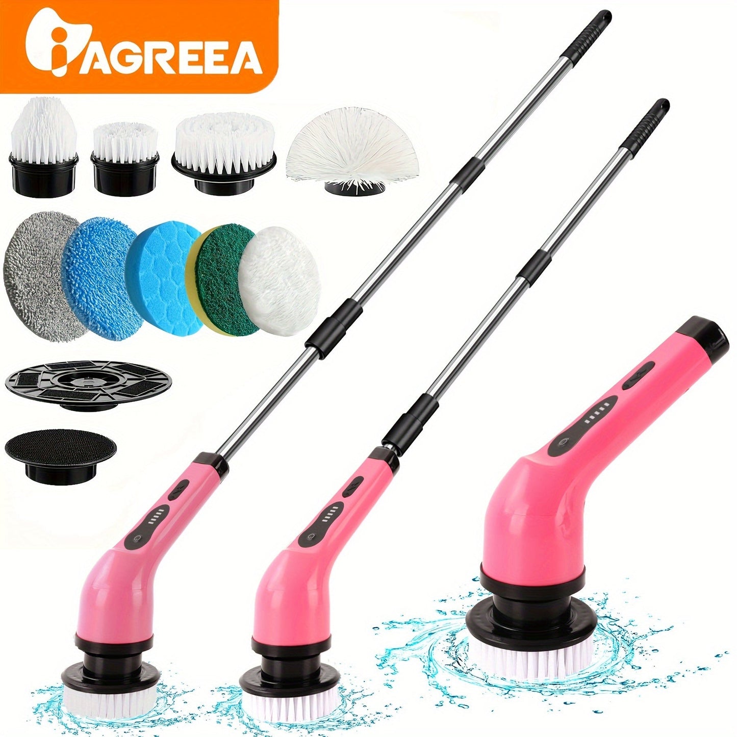 IAGREEA Electric Rotating Scrubber comes with 9/6 Replaceable Brush Heads, Adjustable Speed, Extendable Handle, USB Rechargeable 2000mAh Lithium Battery, Power Indicator, perfect for Home/Office Cleaning, Great as a Gift Option.