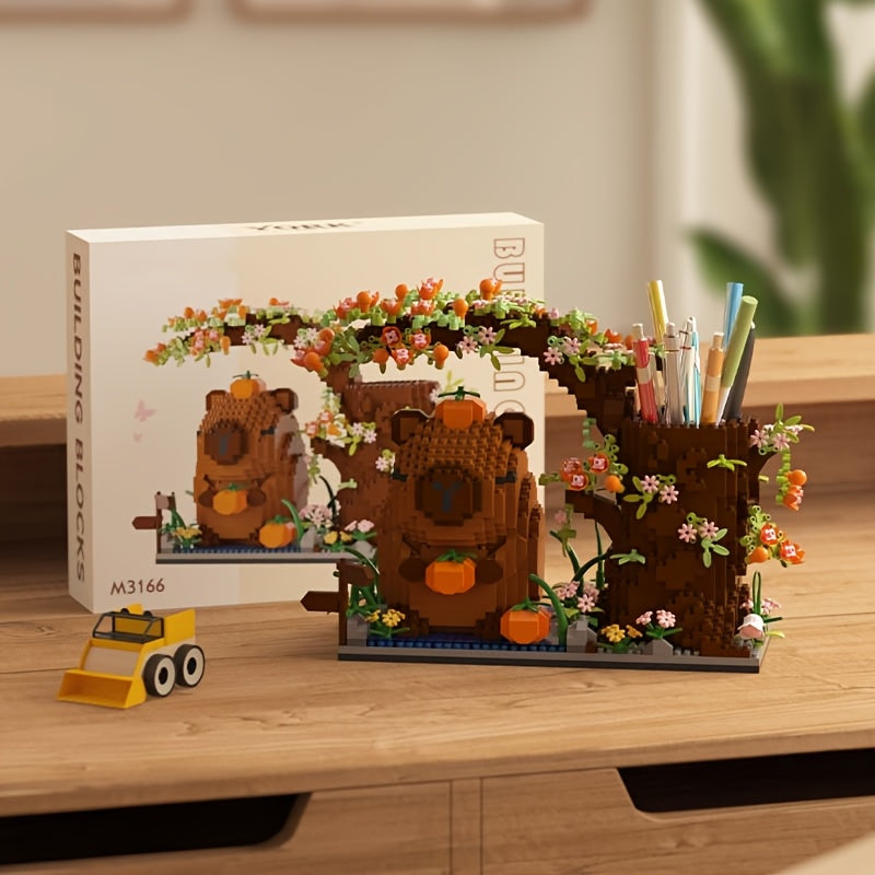 Charming capybara building block pen holder with multi-function desk organizer for office supplies, cosmetics, and handicrafts. Perfect birthday gift made of deep brown/black ABS material.