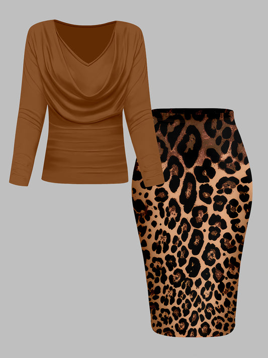 Women's Elegant 2pc Set: V-Neck Long Sleeve Top & Leopard Print Pencil Skirt, Polyester/Elastane blend, Fashionable Everyday Wear