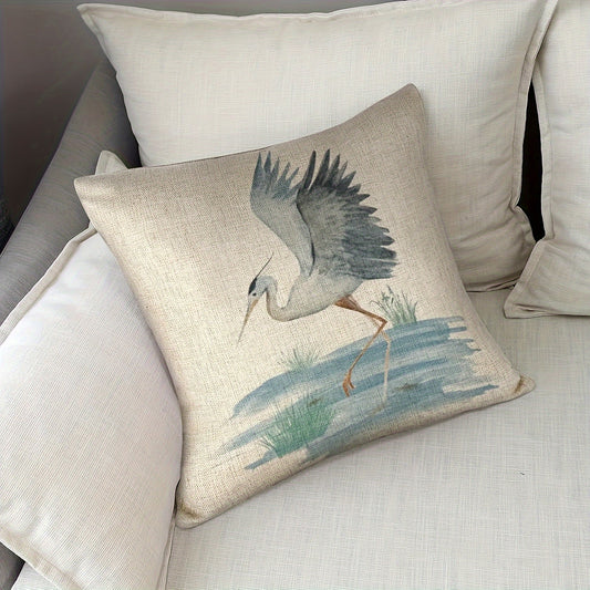 Elevate your decor with the 1pc Elegant Heron Bird Linen Pillowcase. This contemporary style pillowcase features a zipper closure for easy removal and machine washable convenience. The single-sided print showcases a stunning beige design with a blue/gray