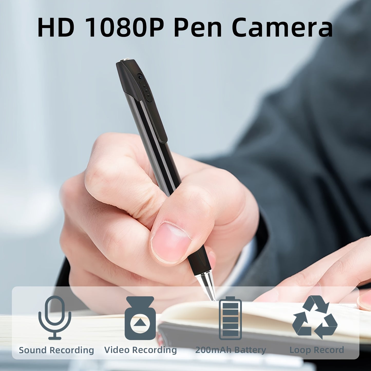 1pc 1080P HD Mini Nanny Camera Pen with 64GB rechargeable lithium battery, touch control, and one button loop recording. Suitable for indoor use in office meetings.