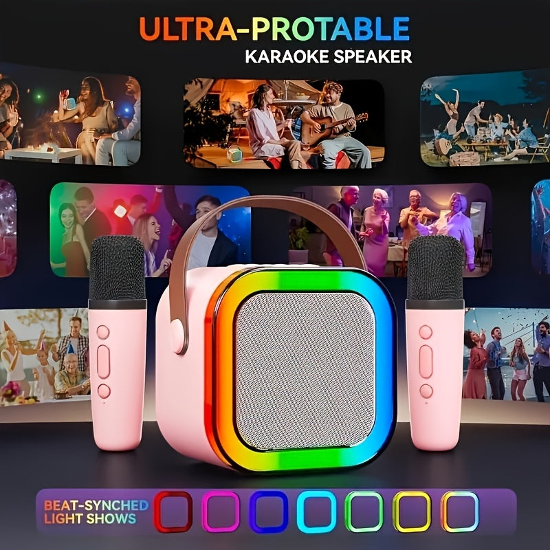 Portable karaoke machine with 2 microphones and RGB lights. Perfect for family gatherings and birthdays.