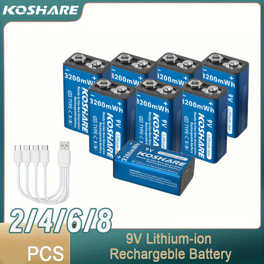 KOSHARE 9V 3200mWh Rechargeable Lithium Battery with Type-C Charging and Data Cable for Various Devices and Events