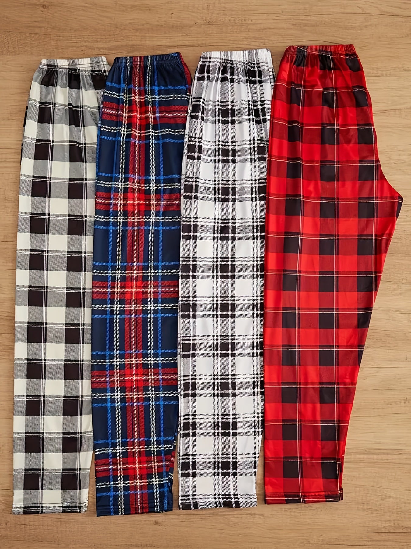 Men's 4pcs Plaid Pants Set for Spring, Autumn, and Winter. Loose-fit for outdoor or home wear.