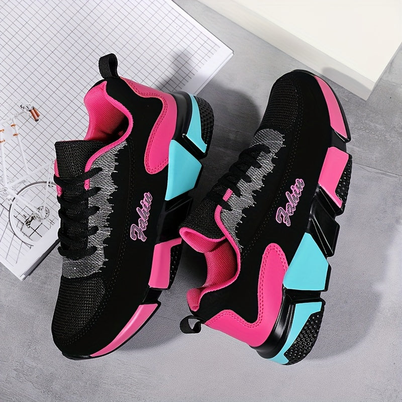 Women's Colorblock Sports Shoes: Casual lace-up sneakers for running and walking with breathable design.