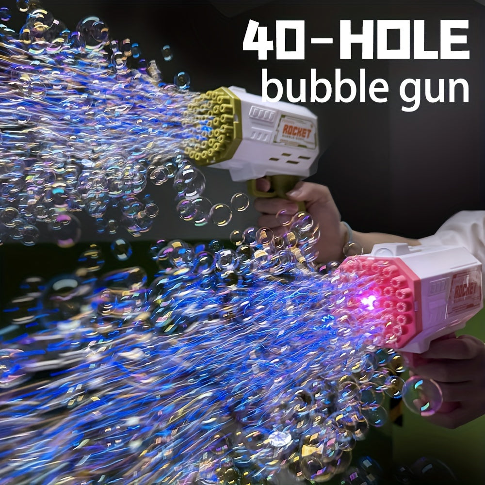 Portable electric bubble gun toy with 40 holes, colorful bubble streams, and mechanical style for summer parties and birthdays. Batteries and bubble solution not included. Safe and fun