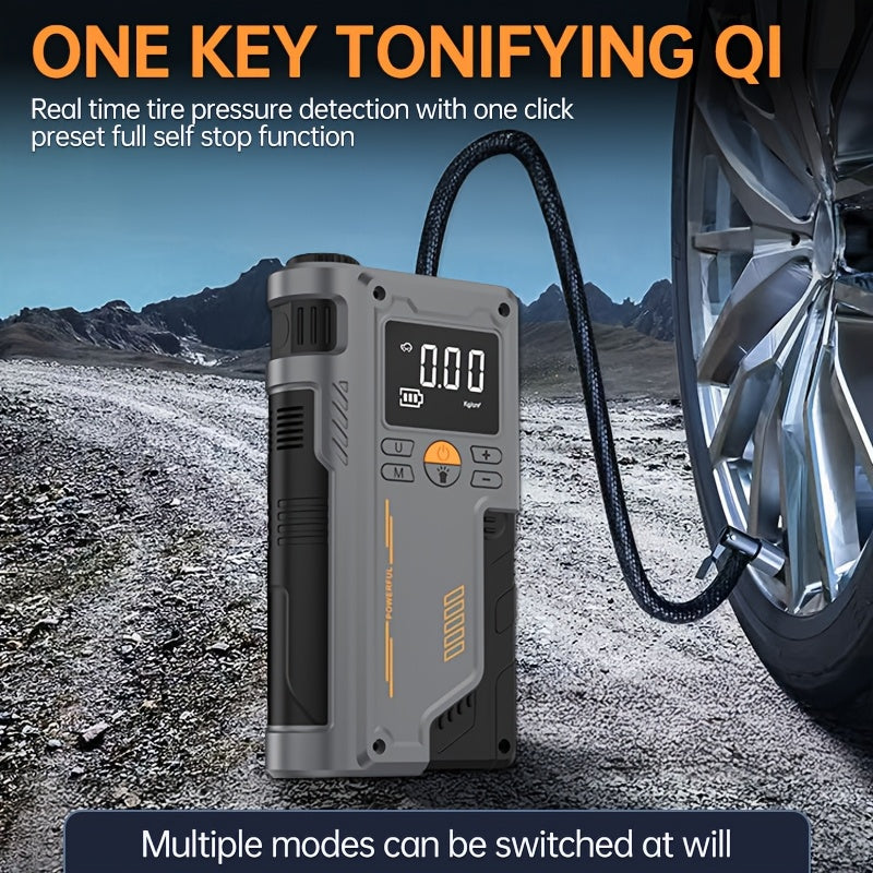 Introducing a versatile portable emergency starter with tire inflator, USB charging, and LED light, perfect for cars, motorcycles, bicycles, and more.