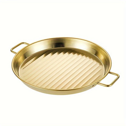 1 set of 3 pieces of round striped stainless steel rose golden baking pans, with sizes measuring 16.51cm, 19.05cm, and 21.59cm. These pans come with double handles and are suitable for both home and commercial use. Featuring a striped design, these