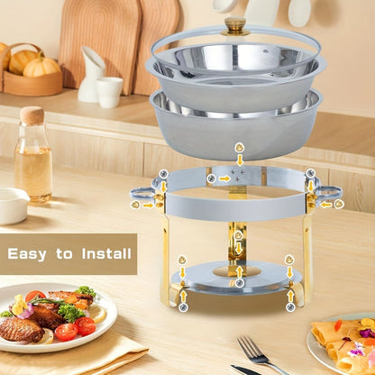 Elegant Buffet Chafing Dishes Set - Includes 1 Piece of 5QT Round Chafing Dish with Worry-Free Assembly. Made of Stainless Steel in Elegant Golden and Silvery Colors. Perfect for Catering, Parties, and Weddings.