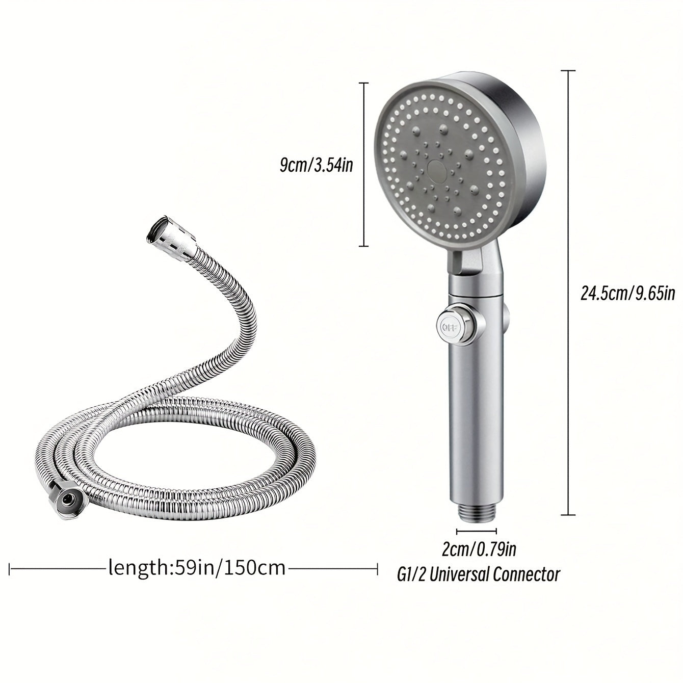 Shower head with 5 functions and on/off button, includes high pressure feature and 1.5m hose.