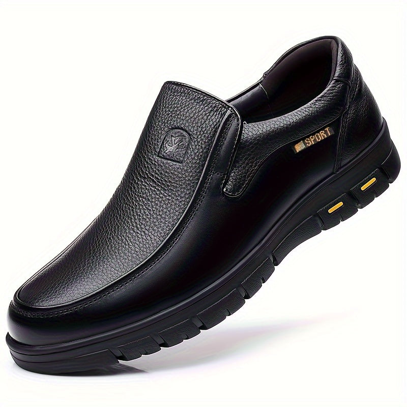 Men's slip-on business casual shoes made with head layer leather, PU lining, rubber sole, and fabric insole.