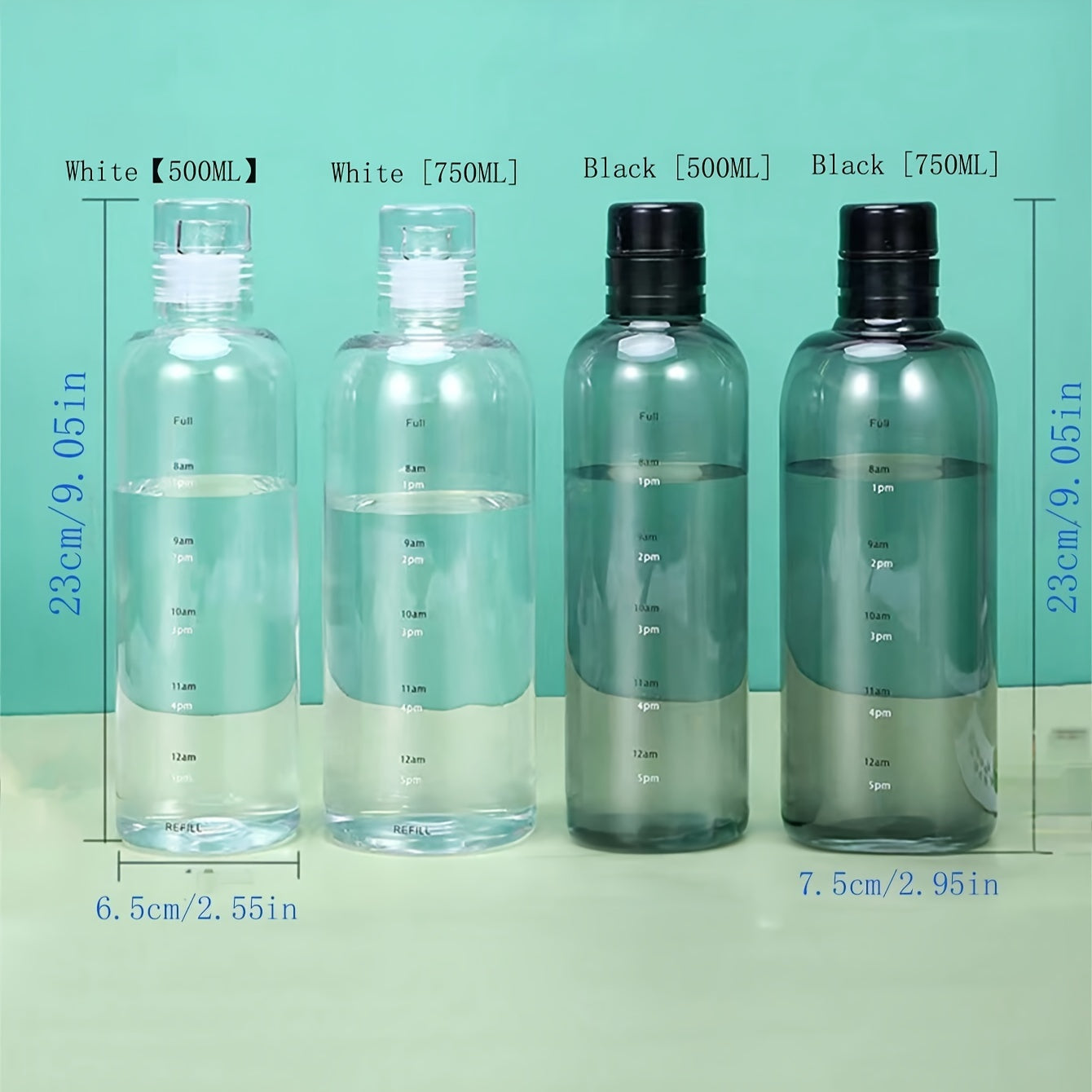 Reusable round plastic water bottle with time markers, ideal for various uses like office, school, and home, suitable for juice and iced drinks, hand wash only, and made of recyclable material.