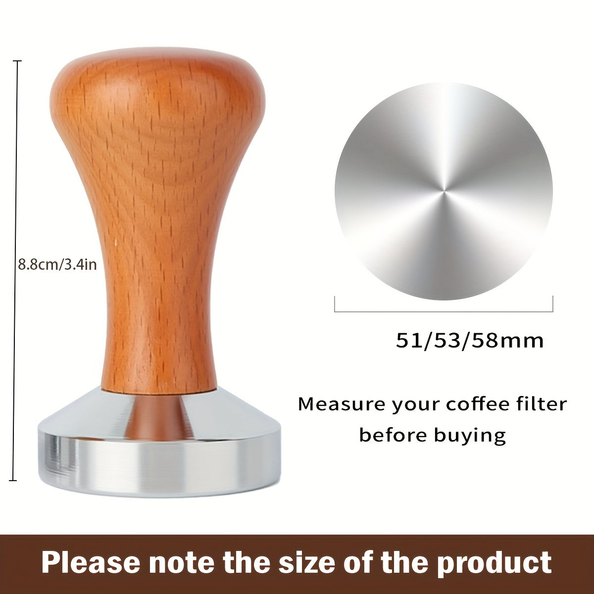 High-Quality Espresso Tamper with Wooden Handle - Available in 51/53/58mm Sizes, Featuring a Flat Bottom Design for Precise Tamping, Made of Rust-Proof Steel, Perfect for Baristas and Home Brewers, Handcrafted Tamper for Coffee Grounds, Essential