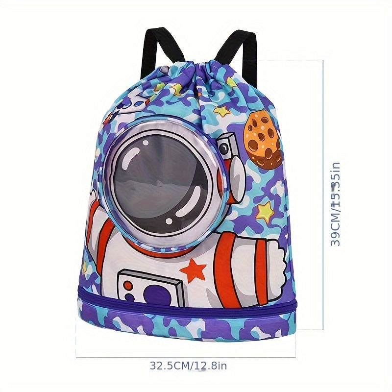 Purple swim bag with dry/wet separation, stylish cartoon design, ideal for sports and travel.