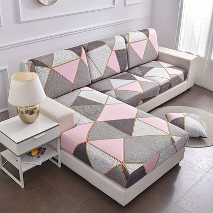 Modern geometric pattern sofa cushion cover made with a soft, stretchy polyester and spandex blend. Non-slip and elastic fit, scratch and stain-resistant. Perfect for updating living room decor.