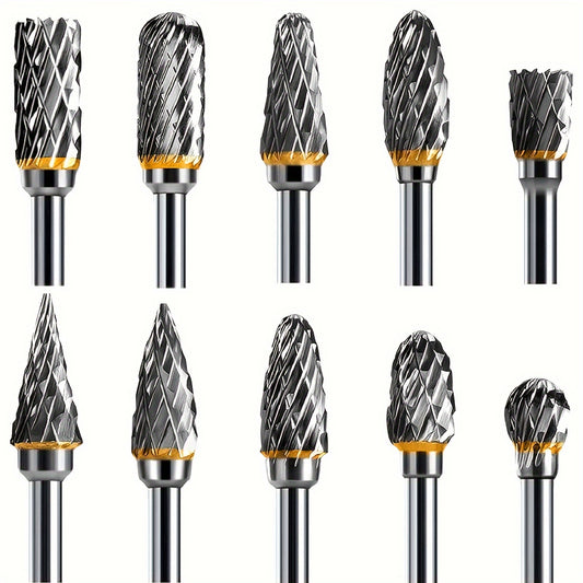 10-piece set of high-performance tungsten carbide rotary burrs with 1/8" shank for precise grinding and carving. Double cut for efficiency.