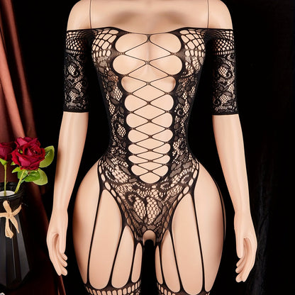 Sexy one-shoulder fishnet body suit with open crotch and cross pattern, perfect for Valentine's Day.