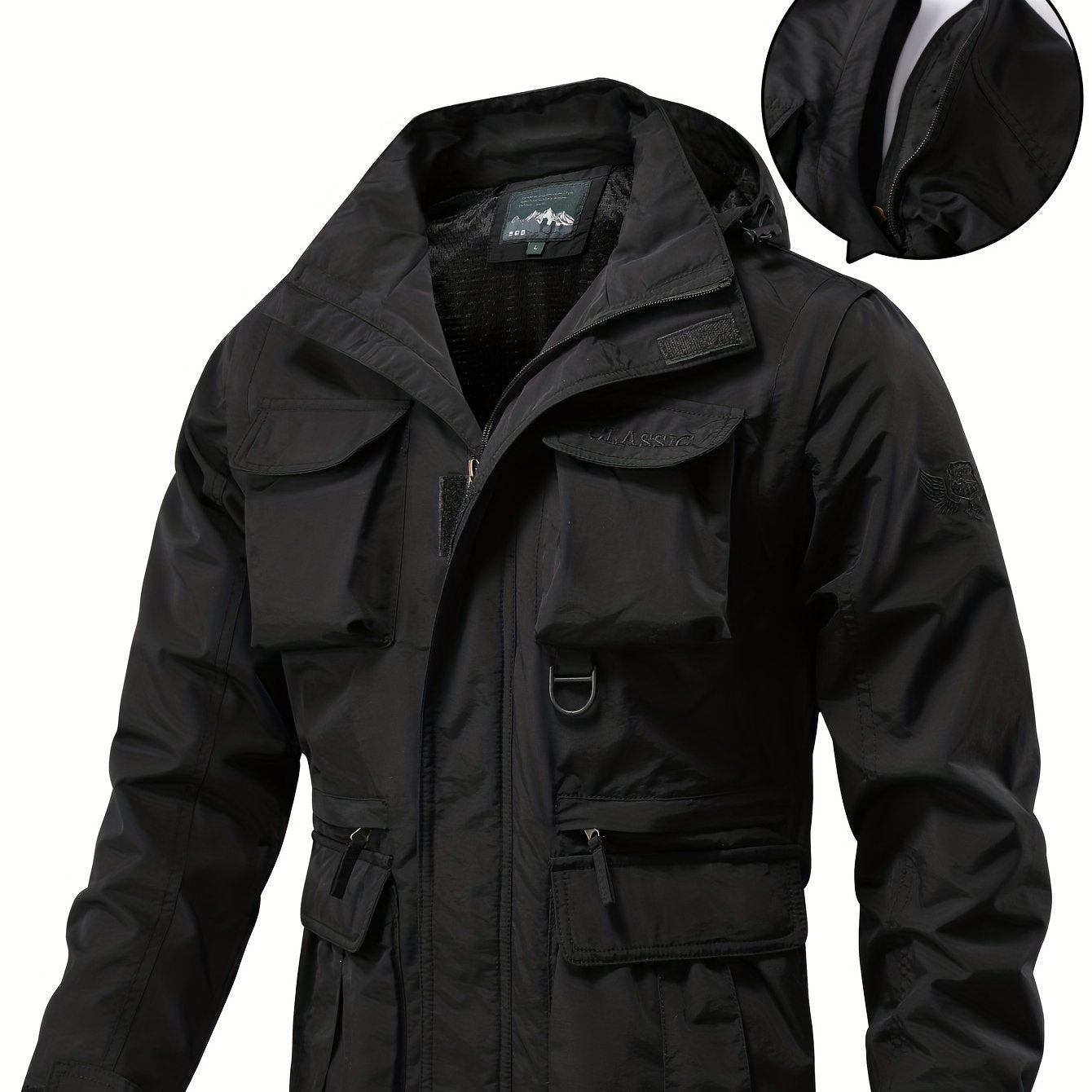 Men's Detachable Windbreaker Hooded Jacket with Multi Pocket Cargo Vest for Outdoor Activities.