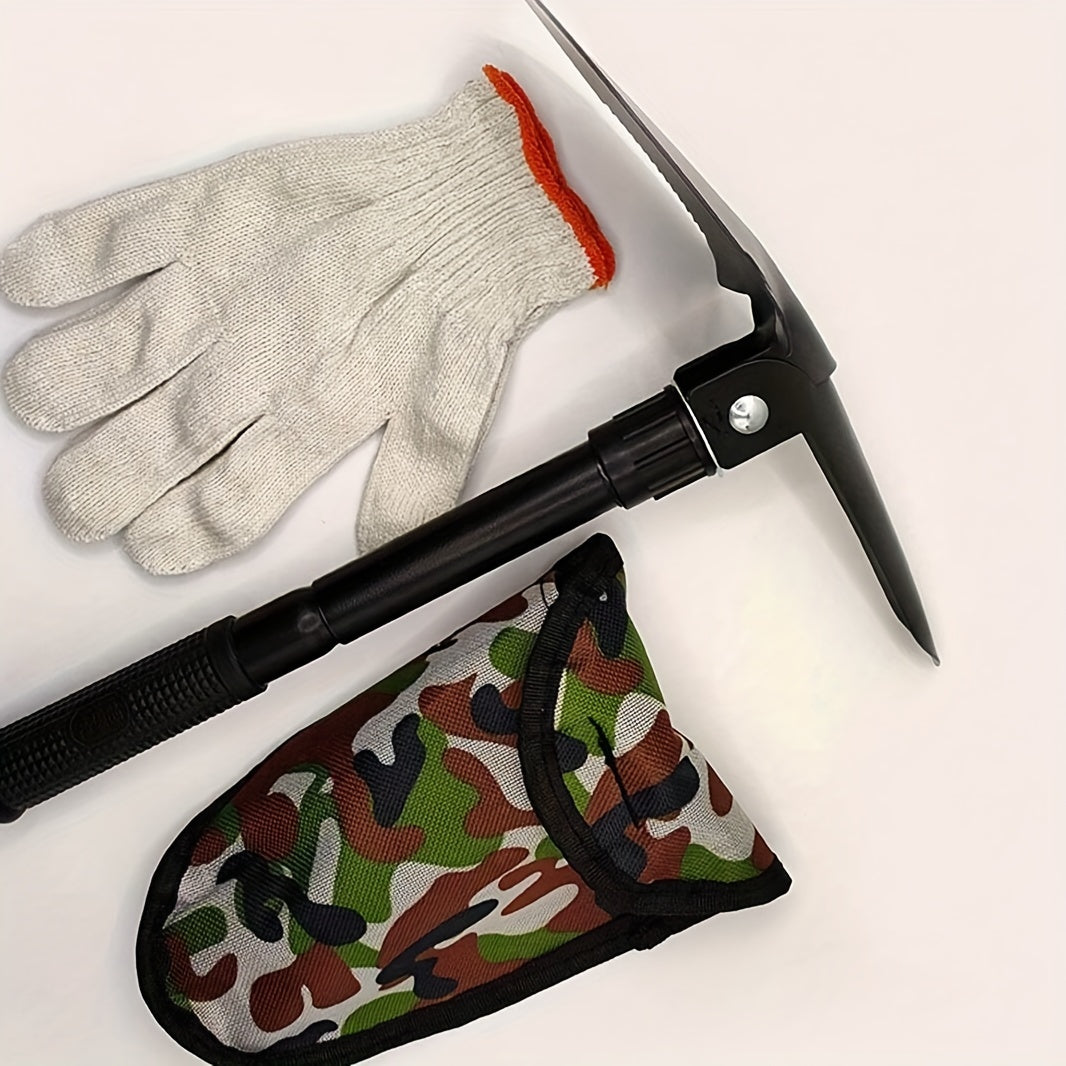 Stainless steel folding shovel with saw, pickaxe, bottle opener, and storage bag for camping and outdoor survival.