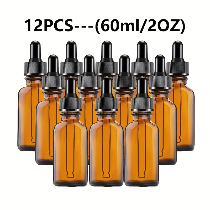 12/6 amber glass dropper bottles with teal glass droppers, in 30ml and 60ml sizes. Ideal for cosmetics, perfumes, essential oils, and lab dispensing.