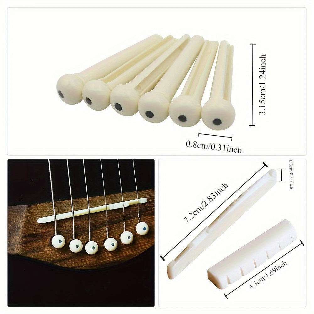 6-string acoustic guitar set with enhanced sound quality, easy maintenance, includes saddle, nut, and bridge pins in black & white, portable design for on-the-go repairs.