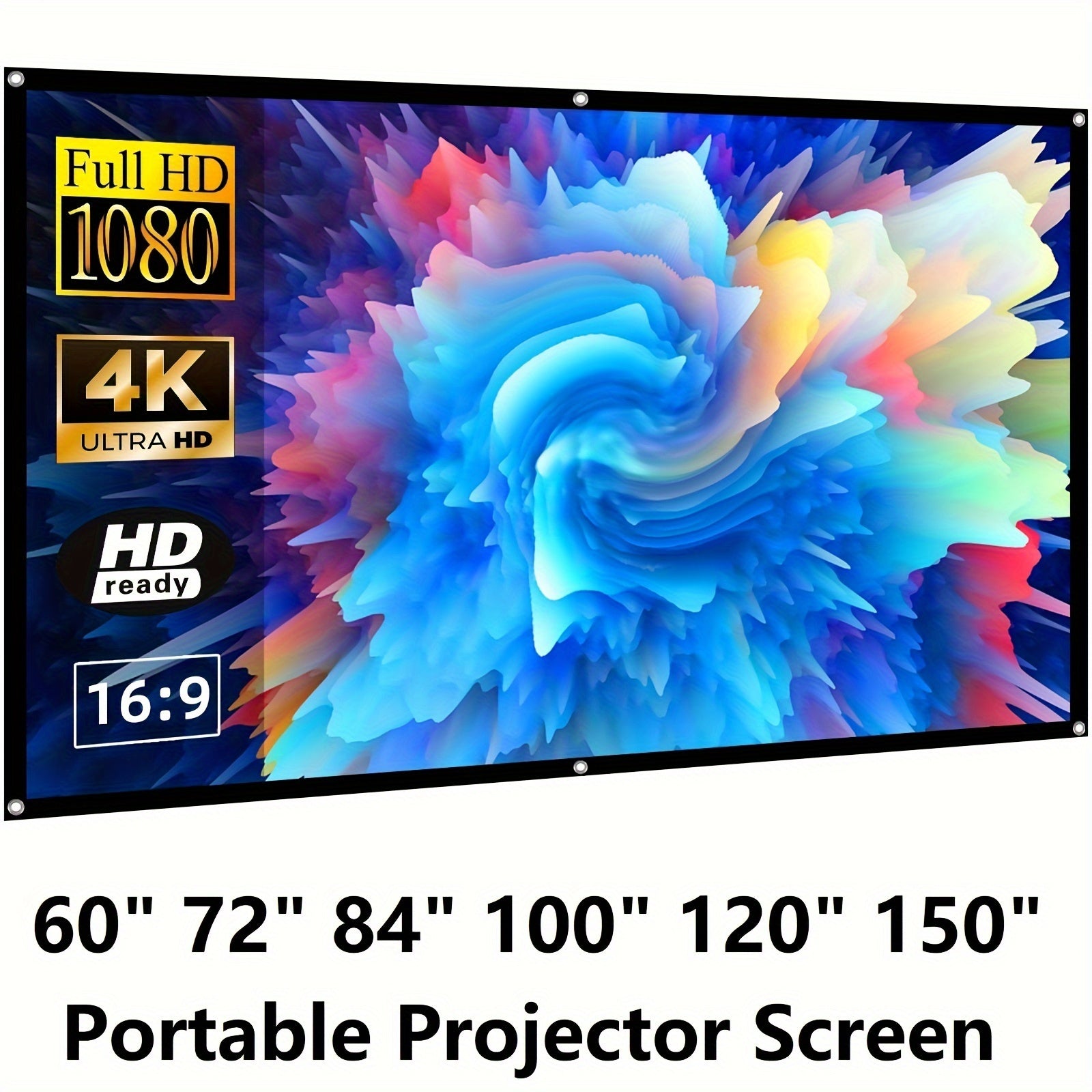 152.4cm, 182.88cm, 84in, 100in, 120in projector screen for indoor and outdoor use. Double-sided, foldable, portable, and wrinkle-resistant. Machine washable and suitable for home, party