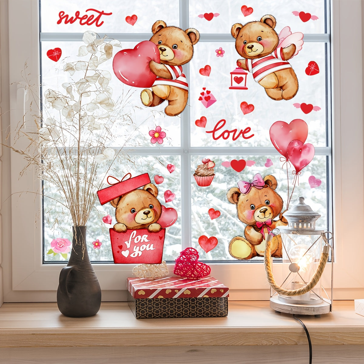 Valentine's Day Teddy Bear Heart Balloons Window Stickers - 2 Sheets, Made of Reusable PVC, Static Cling for Easy Application, Double-Sided Design for Enhanced Visual Appeal, Perfect for Holiday Decor, Model D10010-KQ.