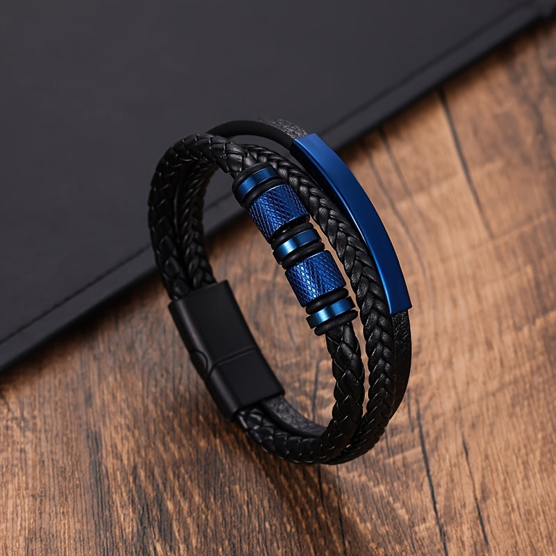 A stylish men's leather bracelet crafted from durable black stainless steel, accented with a touch of punk flair. Featuring a magnetic buckle closure and intricately handwoven details, this versatile accessory is perfect for any business or casual