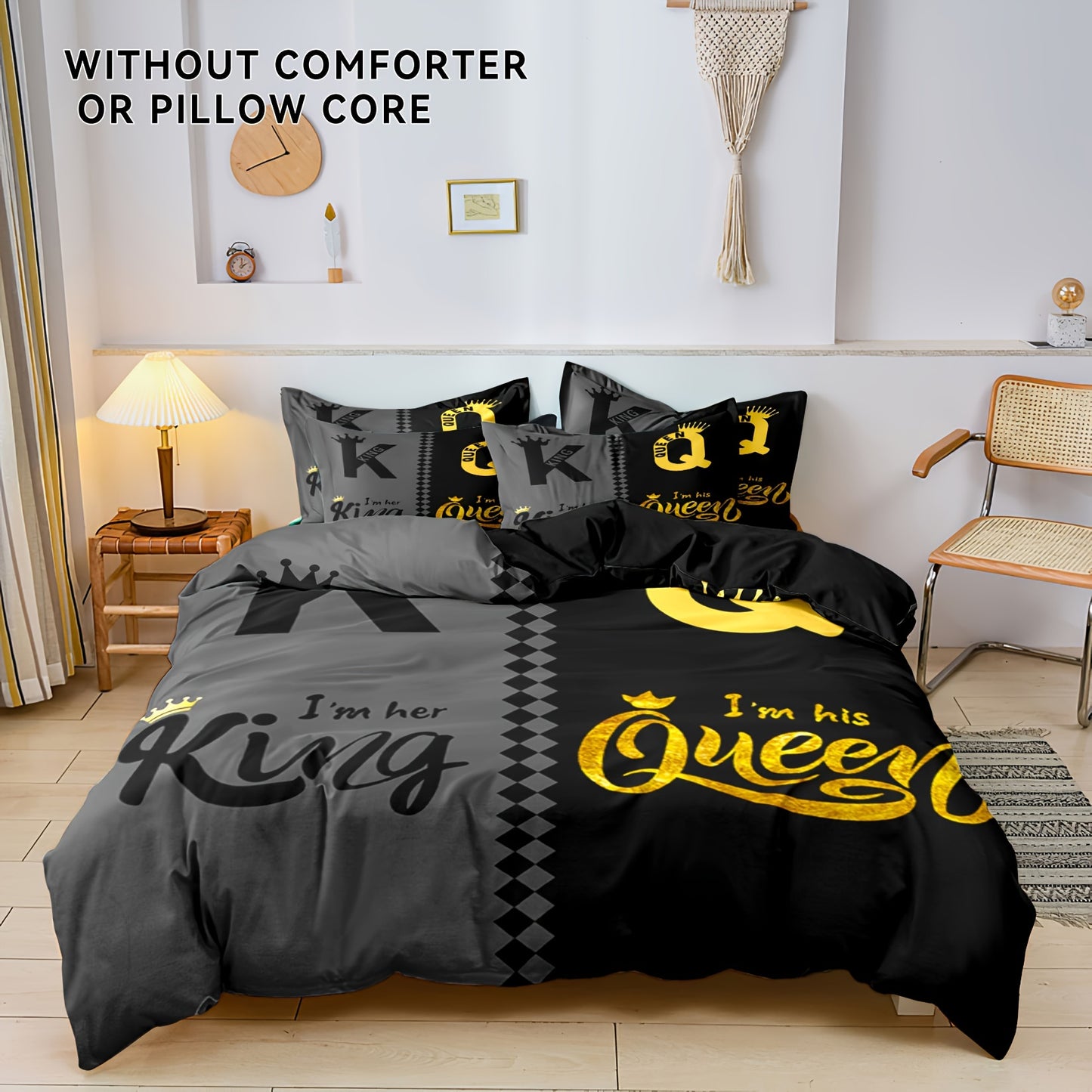 King & Queen Crown 3pcs Duvet Cover Set - Soft Breathable Polyester, Zipper Closure - Includes 1 Duvet Cover & 2 Pillowcases, Machine Washable, Digital Print