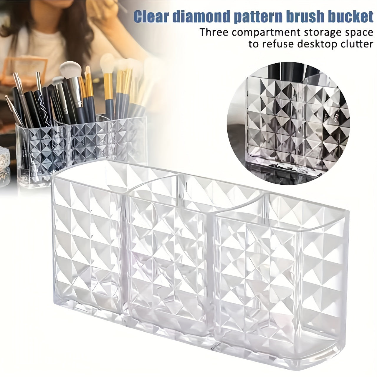 Elegant transparent makeup brush organizer with geometric design. Large capacity and multifunctional holder for brushes, lip gloss, liners, and more. Ideal for vanity, bathroom countertops, and cabinets.