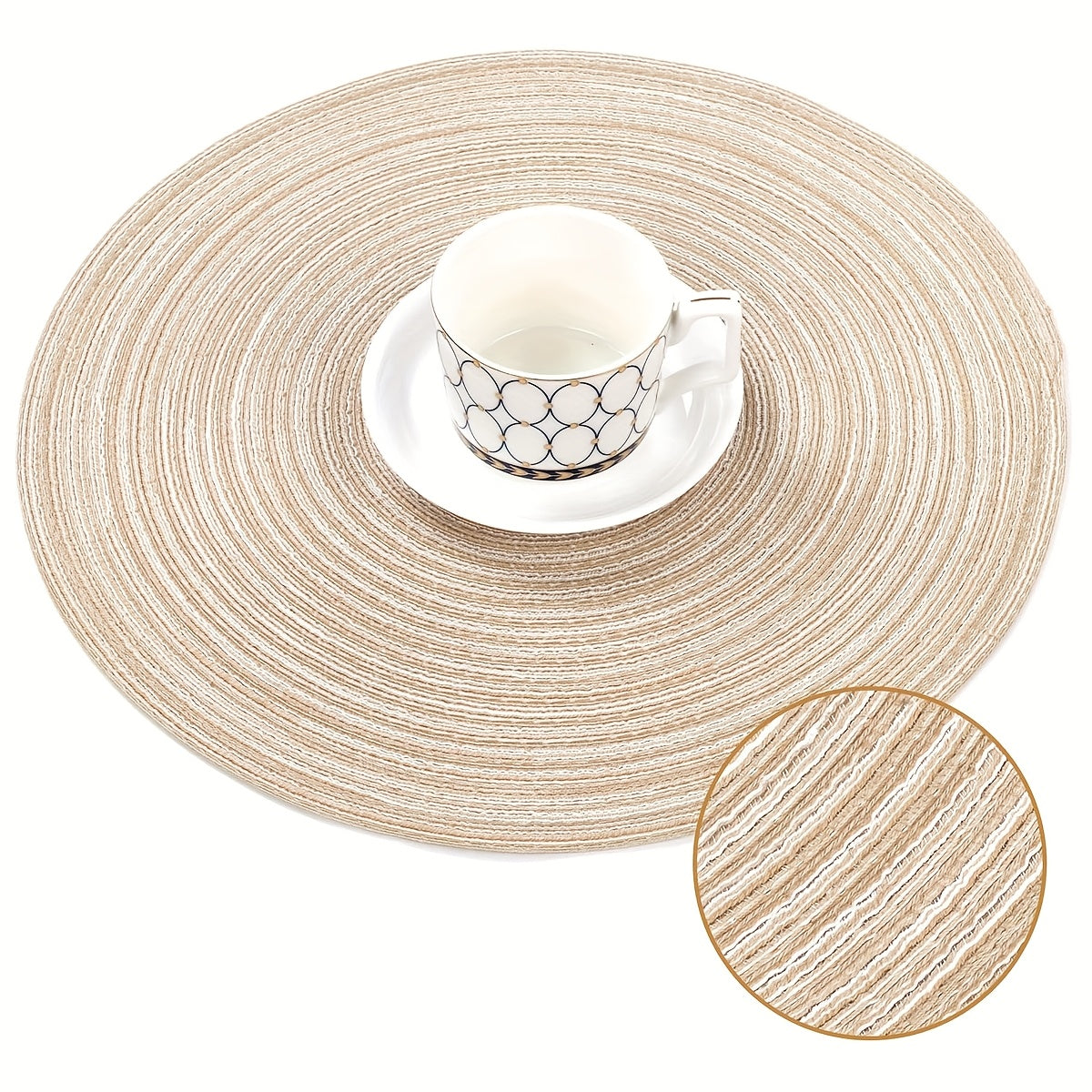 Set of 6 washable round braided placemats for kitchen table, measuring 38.1 cm in diameter.