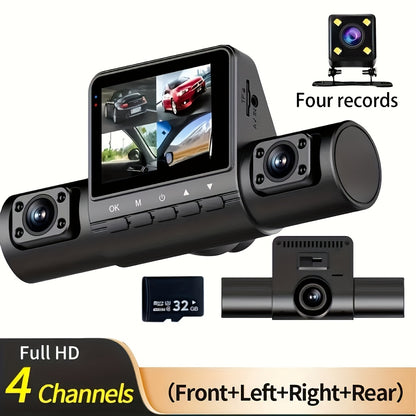 5.08cm HD dual-lens car recorder with night vision, 32GB card. Front and rear simultaneous recording, wide angle, motion detection, G-sensor, loop recording, parking monitor.