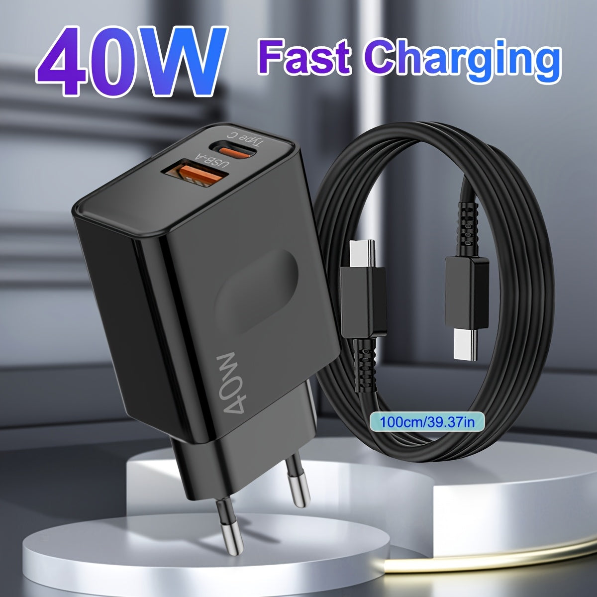 Dual port 40W fast charger with 1pc 100.58cm 25W type C cable, compatible with iPhones, iPads, Samsung, Android smartphones, tablets, and more. (Black)